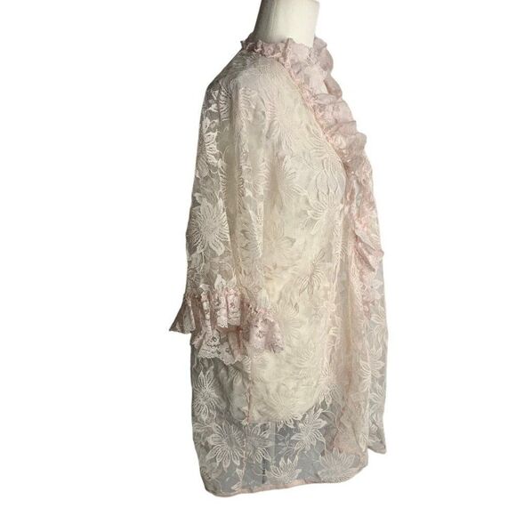 Vintage Floras Follies Lace Robe Bed Jacket S Pink Floral Open Front Ruffles - Picture 5 of 6